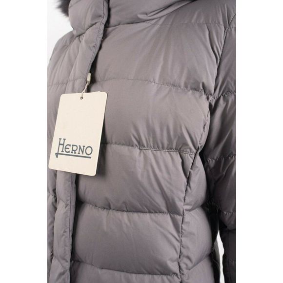 Herno Womens Down Coat Jacket Sz 48 US 12 Carrie Over Gray Faux Fur Trim Hooded - Picture 3 of 8
